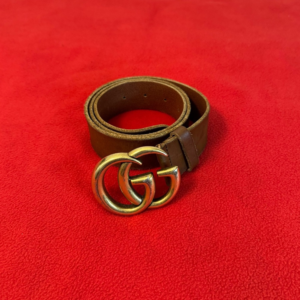Gucci GG Marmont Wide Brown Leather Belt Solid Gold Double G Buckle CVEOT 80-30